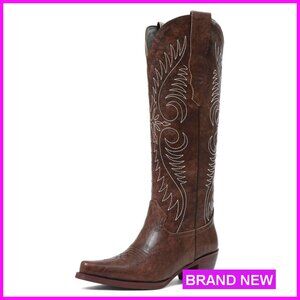 Knee High Western Cowgirl Boots Embroidered Pull On Wide Calf Chunky Heel